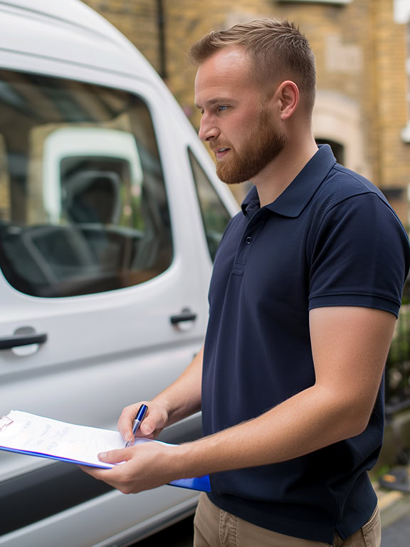 A mover standing next to a van and holding a clipboard