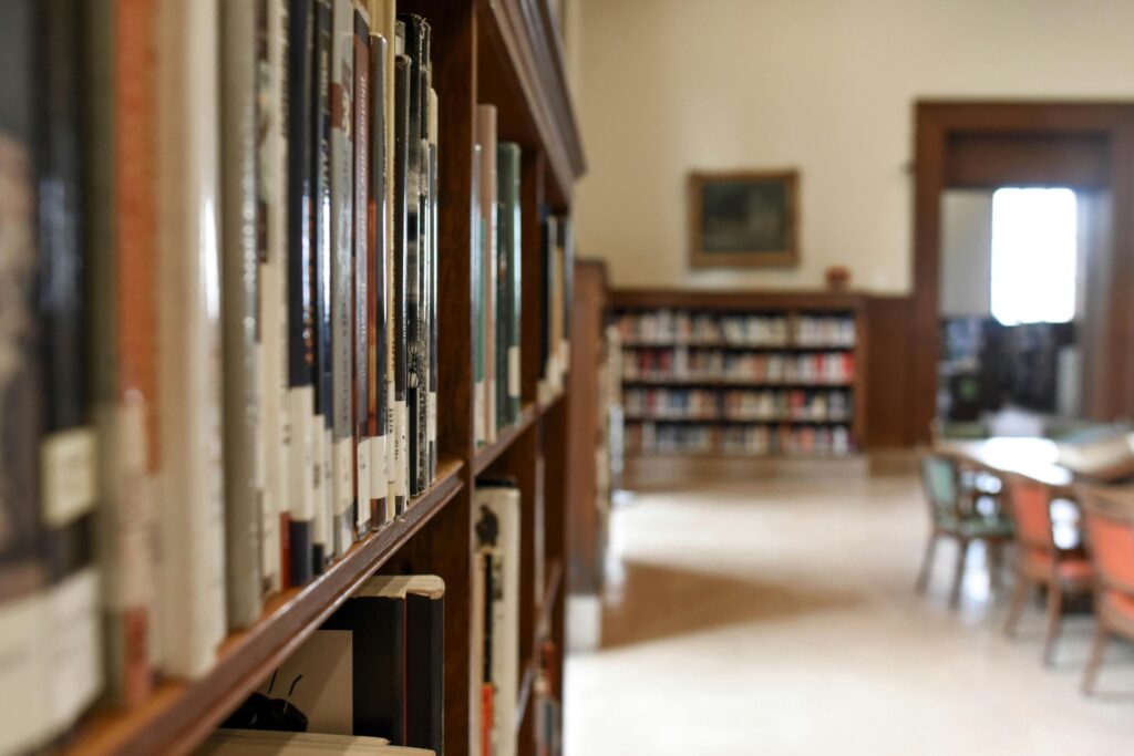 Bookshelves in a library