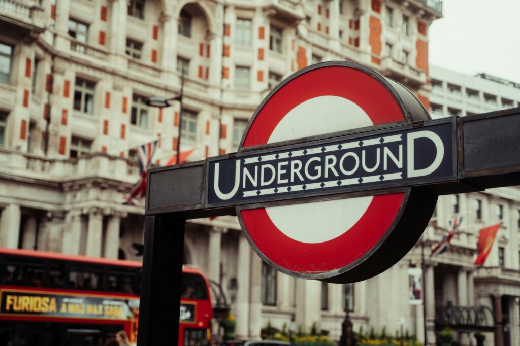 An Underground station sign in the concept of public transport in Leyton.