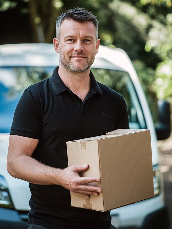 man wearing black polo shirt holding a cardboard box