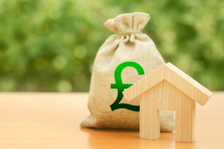 A wooden house figurine and drawstring bag with a British pound sign in the concept of 'Leyton Removals Cost'.